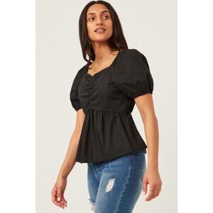 HAYDEN Destiny Misses Black Shirred Puff Sleeve Sweetheart Top Large